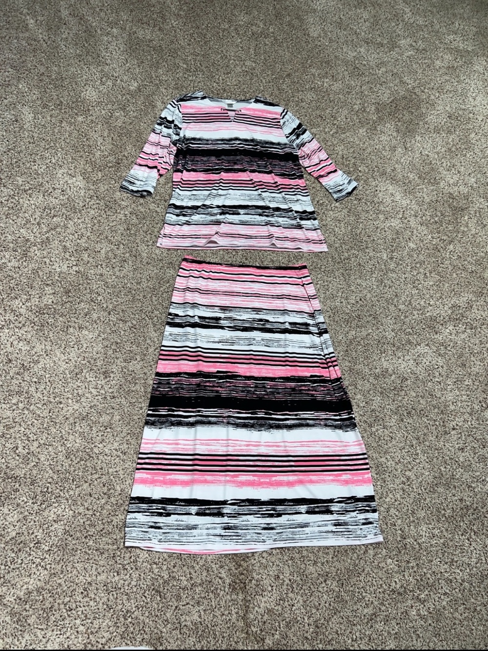 Christopher & Banks Pink Black White Striped 2 Piece Skirt & Top Set